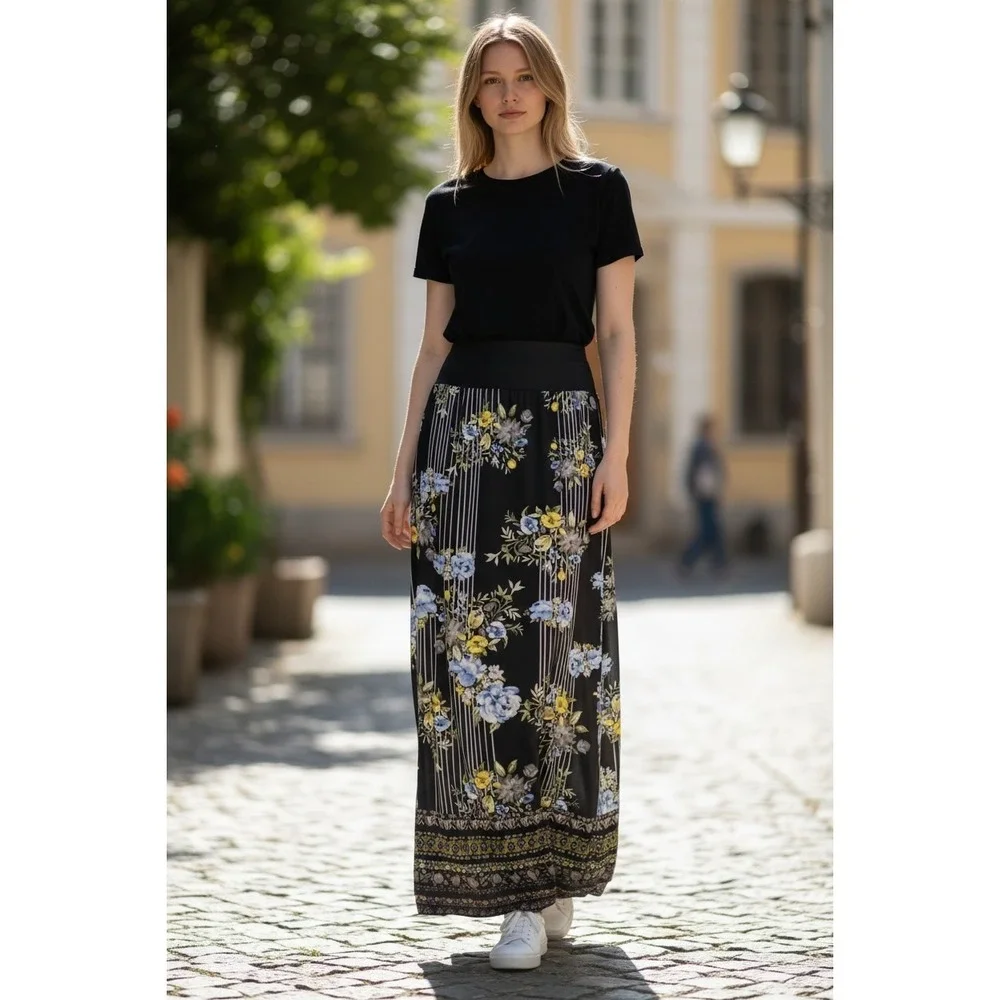 APT 9 Women's Strapless‎ Maxi Skirt XL Black Floral Boho Stretch Summer Pull On